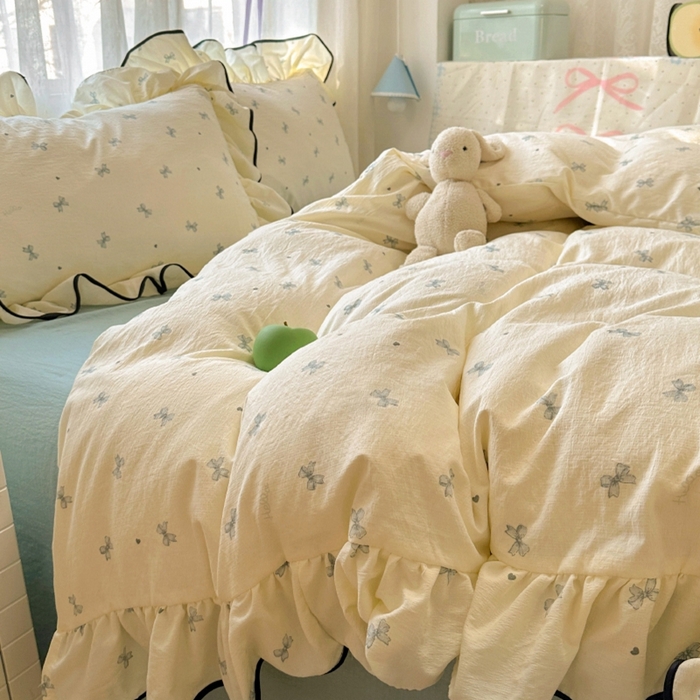 91家纺网 家纺一手货源 找家纺 繁花家居 2025新款学生季韩式云感针织棉大花边木耳边四件套 少女心结-蓝