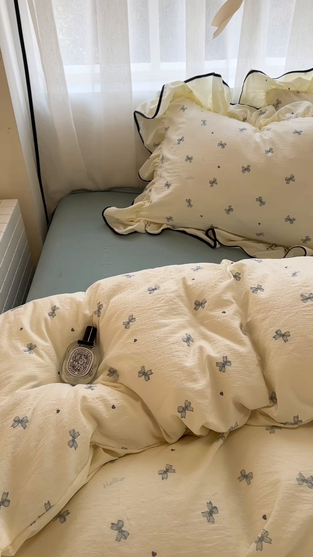 91家纺网 家纺一手货源 找家纺 繁花家居 2025新款学生季韩式云感针织棉大花边木耳边四件套 少女心结-蓝