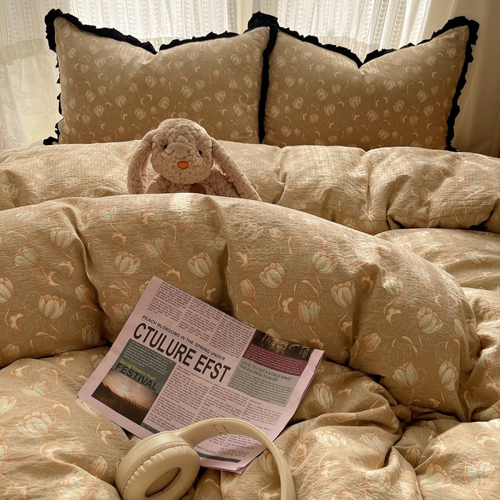 91家纺网 家纺一手货源 找家纺 繁花家居 2025新款学生季韩式云感针织棉大花边木耳边四件套 晚秋