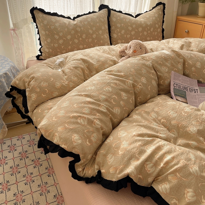 91家纺网 家纺一手货源 找家纺 繁花家居 2025新款学生季韩式云感针织棉大花边木耳边四件套 晚秋