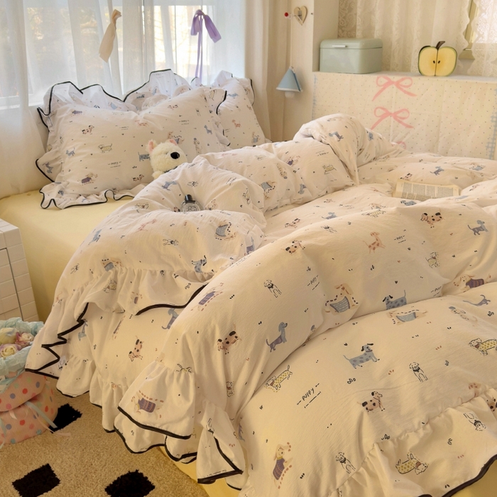 91家纺网 家纺一手货源 找家纺 繁花家居 2025新款学生季韩式云感针织棉大花边木耳边四件套 汪汪乐园