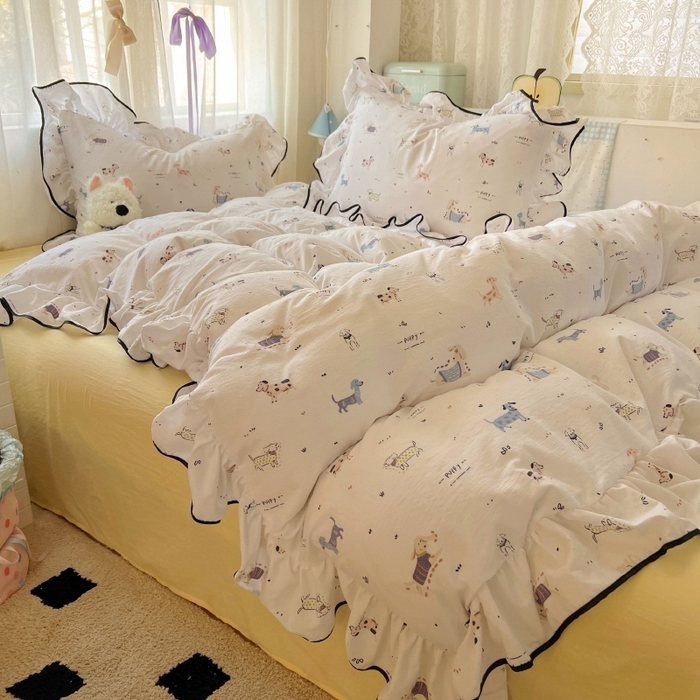 91家纺网 家纺一手货源 找家纺 繁花家居 2025新款学生季韩式云感针织棉大花边木耳边四件套 汪汪乐园