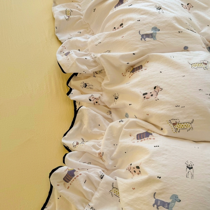 91家纺网 家纺一手货源 找家纺 繁花家居 2025新款学生季韩式云感针织棉大花边木耳边四件套 汪汪乐园