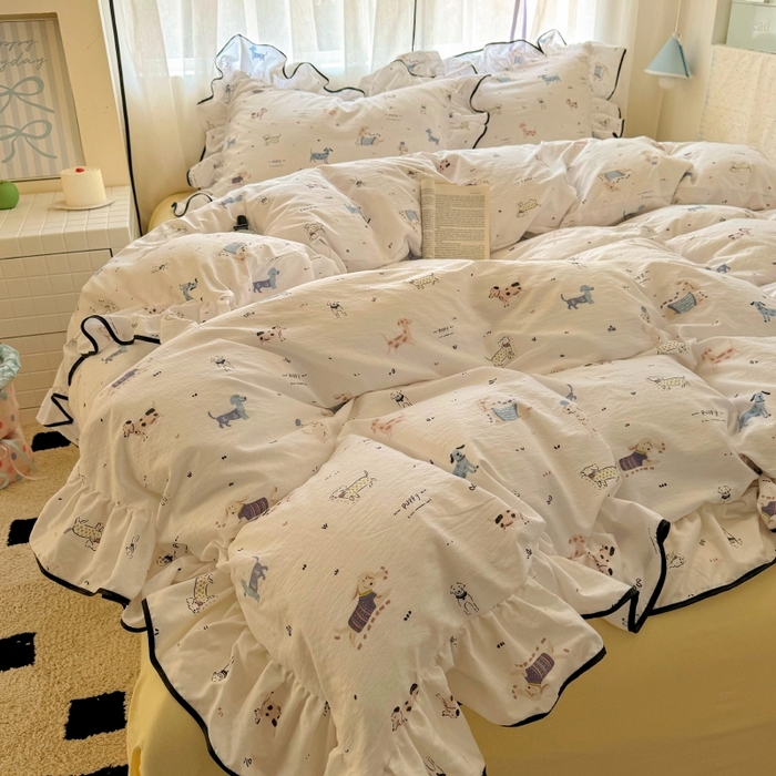 91家纺网 家纺一手货源 找家纺 繁花家居 2025新款学生季韩式云感针织棉大花边木耳边四件套 汪汪乐园