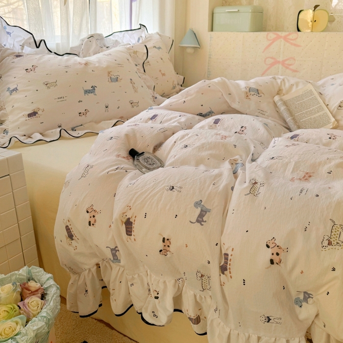 91家纺网 家纺一手货源 找家纺 繁花家居 2025新款学生季韩式云感针织棉大花边木耳边四件套 汪汪乐园