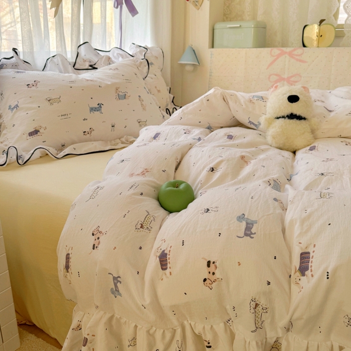 91家纺网 家纺一手货源 找家纺 繁花家居 2025新款学生季韩式云感针织棉大花边木耳边四件套 汪汪乐园