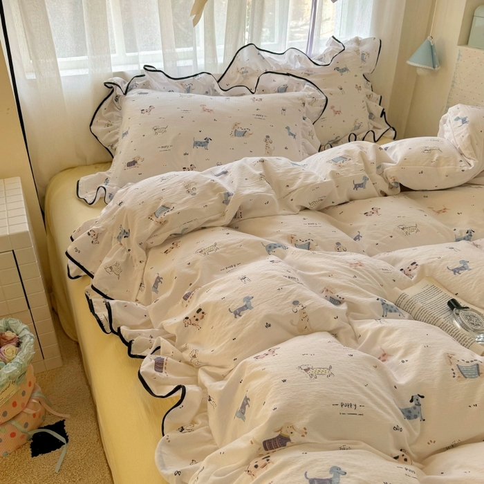 91家纺网 家纺一手货源 找家纺 繁花家居 2025新款学生季韩式云感针织棉大花边木耳边四件套 汪汪乐园