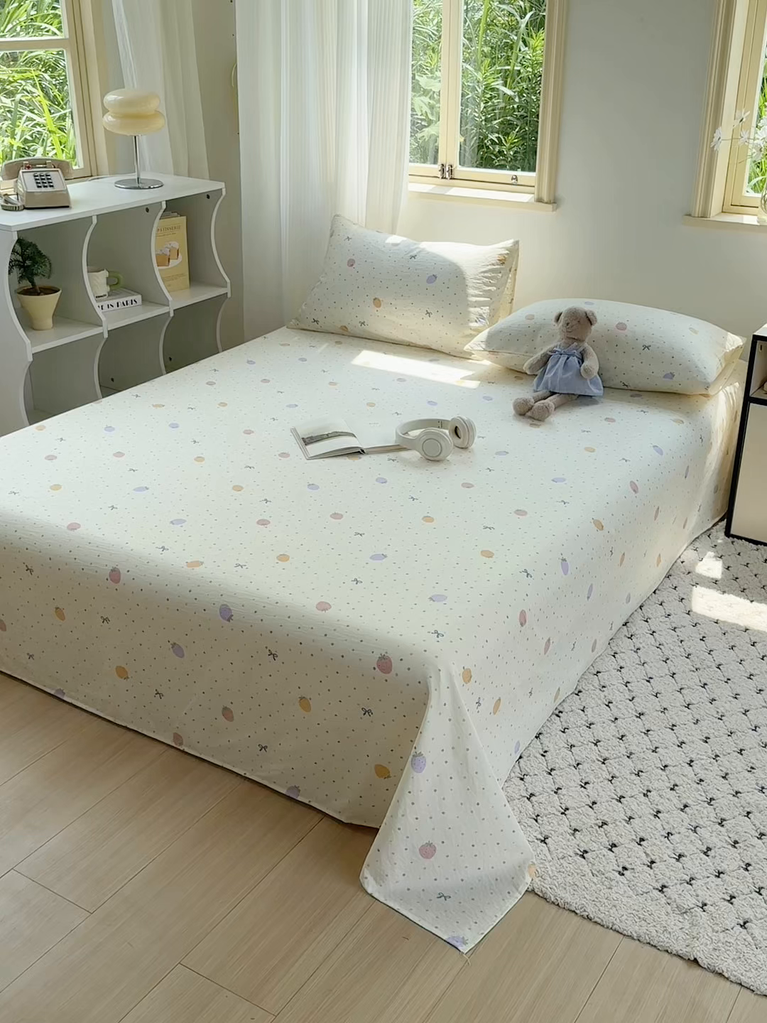 91家纺网 家纺一手货源 找家纺 多品家纺 2025新款超柔云感双层纱单床单 床单单件 五彩草莓