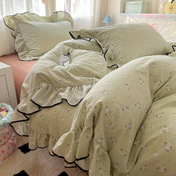 繁花家居 2025新款学生季韩式云感针织棉大花边木耳边四件套 早春来信