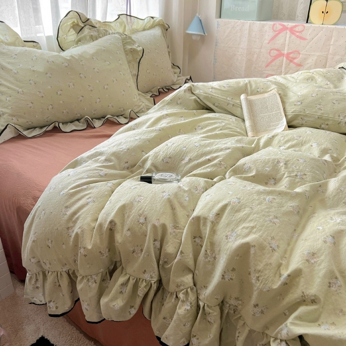 91家纺网 家纺一手货源 找家纺 繁花家居 2025新款学生季韩式云感针织棉大花边木耳边四件套 早春来信