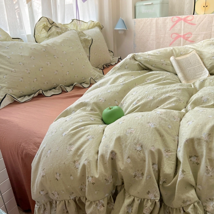 91家纺网 家纺一手货源 找家纺 繁花家居 2025新款学生季韩式云感针织棉大花边木耳边四件套 早春来信