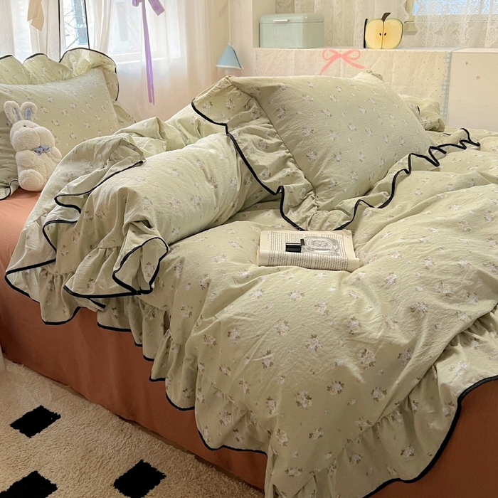 91家纺网 家纺一手货源 找家纺 繁花家居 2025新款学生季韩式云感针织棉大花边木耳边四件套 早春来信