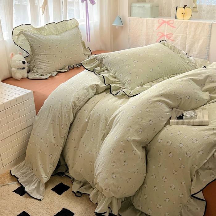 91家纺网 家纺一手货源 找家纺 繁花家居 2025新款学生季韩式云感针织棉大花边木耳边四件套 早春来信