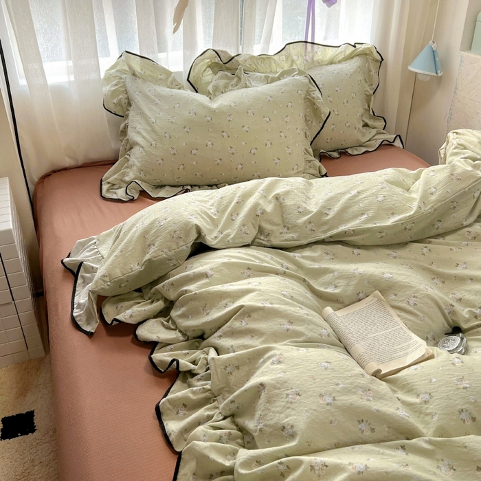 91家纺网 家纺一手货源 找家纺 繁花家居 2025新款学生季韩式云感针织棉大花边木耳边四件套 早春来信