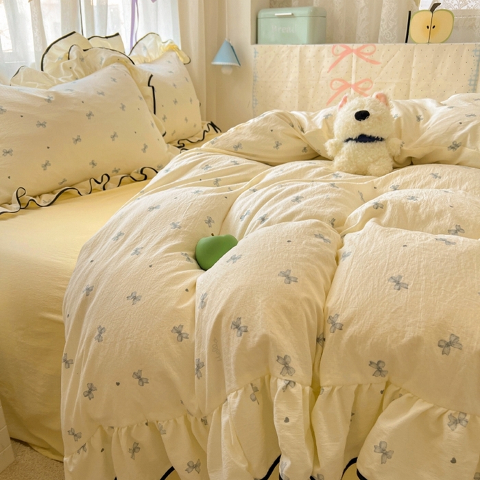 91家纺网 家纺一手货源 找家纺 繁花家居 2025新款学生季韩式云感针织棉大花边木耳边四件套 芝士少女心结