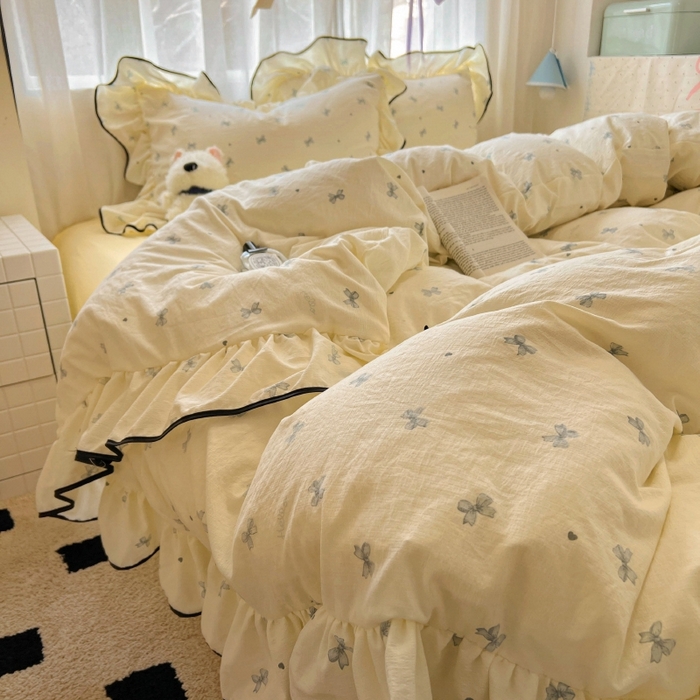 91家纺网 家纺一手货源 找家纺 繁花家居 2025新款学生季韩式云感针织棉大花边木耳边四件套 芝士少女心结