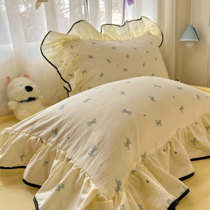 91家纺网 家纺一手货源 找家纺 繁花家居 2025新款学生季韩式云感针织棉大花边木耳边四件套 芝士少女心结