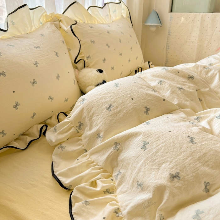 91家纺网 家纺一手货源 找家纺 繁花家居 2025新款学生季韩式云感针织棉大花边木耳边四件套 芝士少女心结