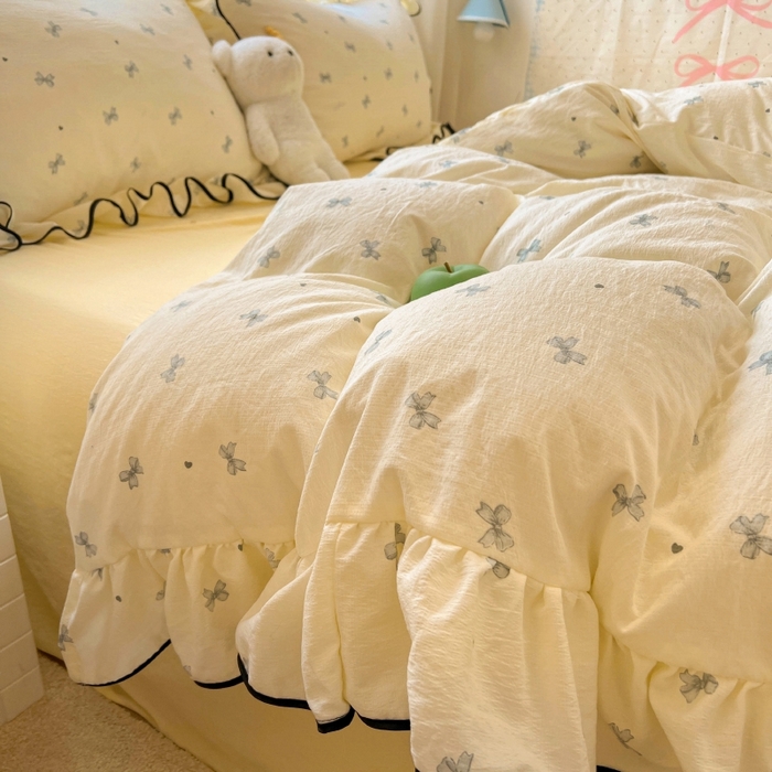 91家纺网 家纺一手货源 找家纺 繁花家居 2025新款学生季韩式云感针织棉大花边木耳边四件套 芝士少女心结