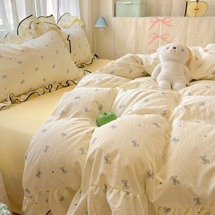 91家纺网 家纺一手货源 找家纺 繁花家居 2025新款学生季韩式云感针织棉大花边木耳边四件套 芝士少女心结