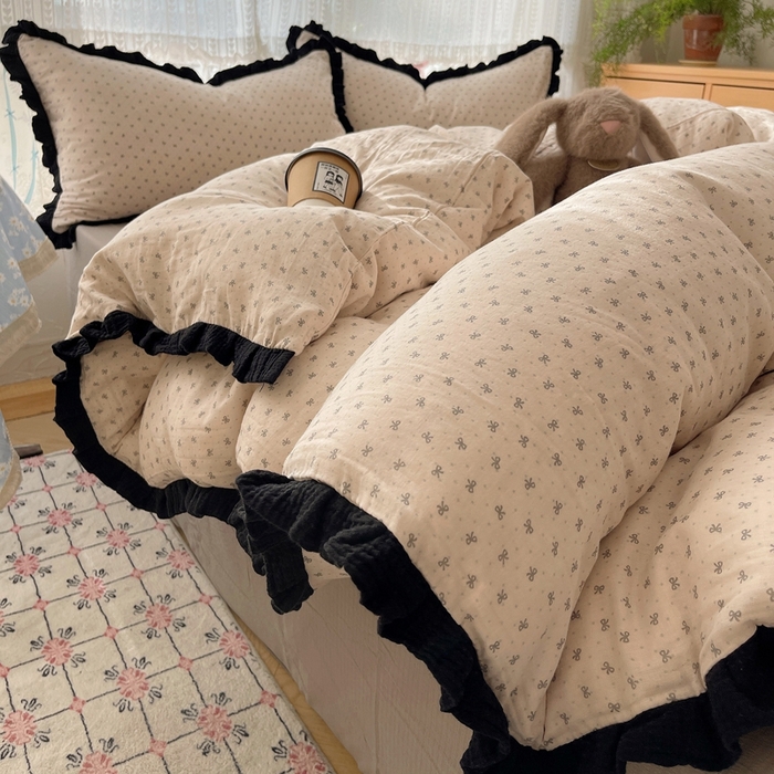 繁花家居 2025新款学生季韩式云感针织棉大花边木耳边四件套 庄园蝶梦