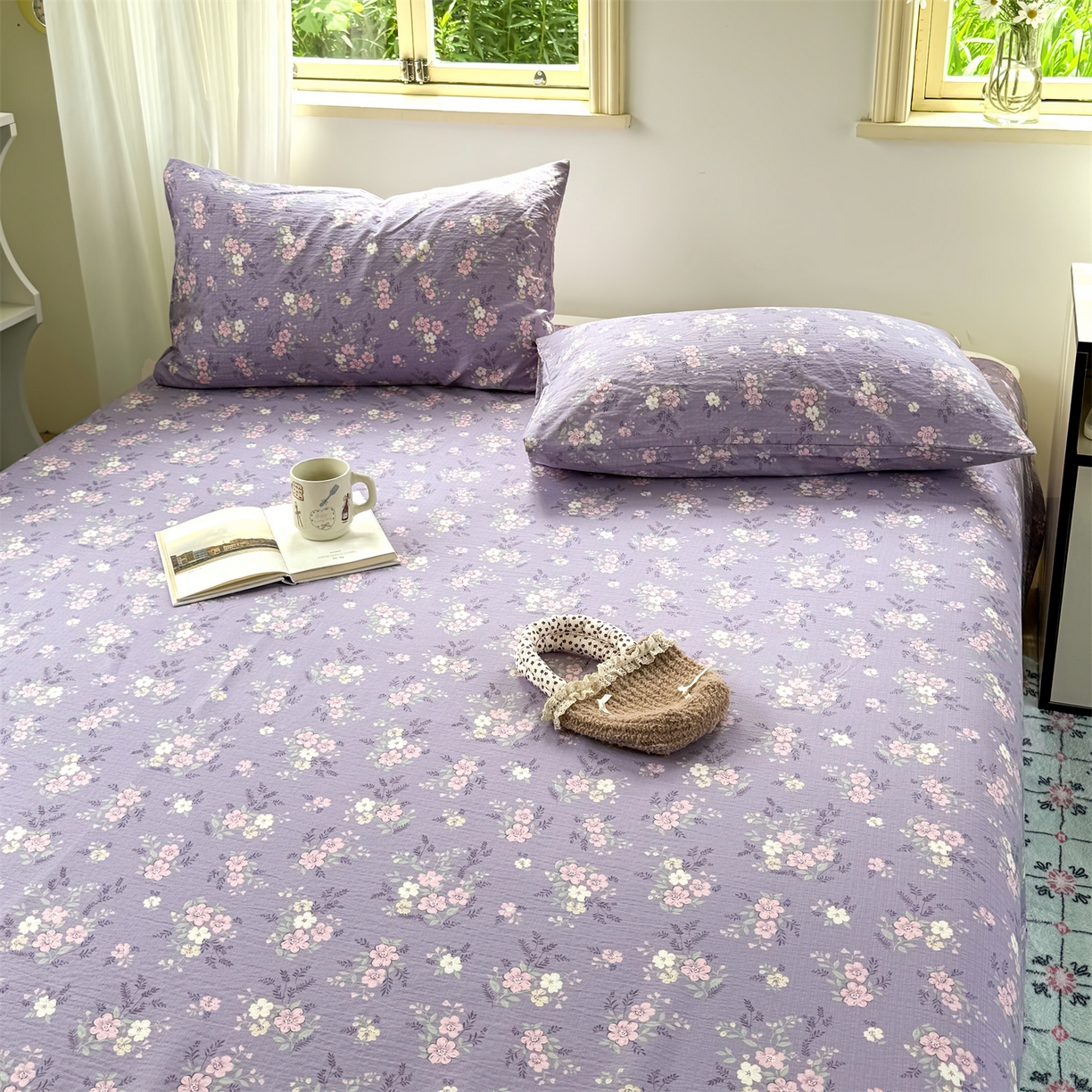 91家纺网 家纺一手货源 找家纺 多品家纺 2025新款超柔云感双层纱单床单 床单单件 紫烟