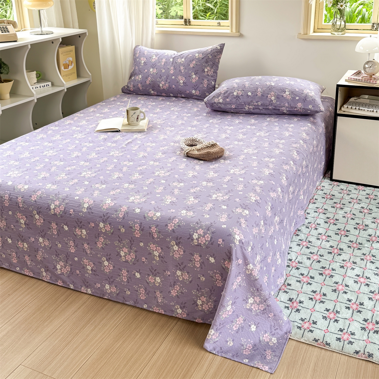 91家纺网 家纺一手货源 找家纺 多品家纺 2025新款超柔云感双层纱单床单 床单单件 紫烟