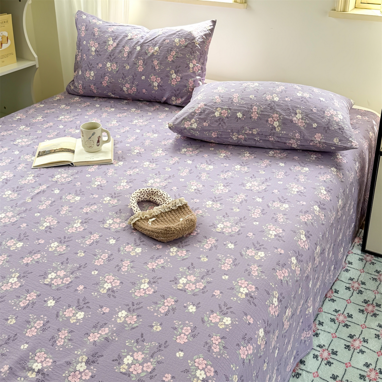 91家纺网 家纺一手货源 找家纺 多品家纺 2025新款超柔云感双层纱单床单 床单单件 紫烟