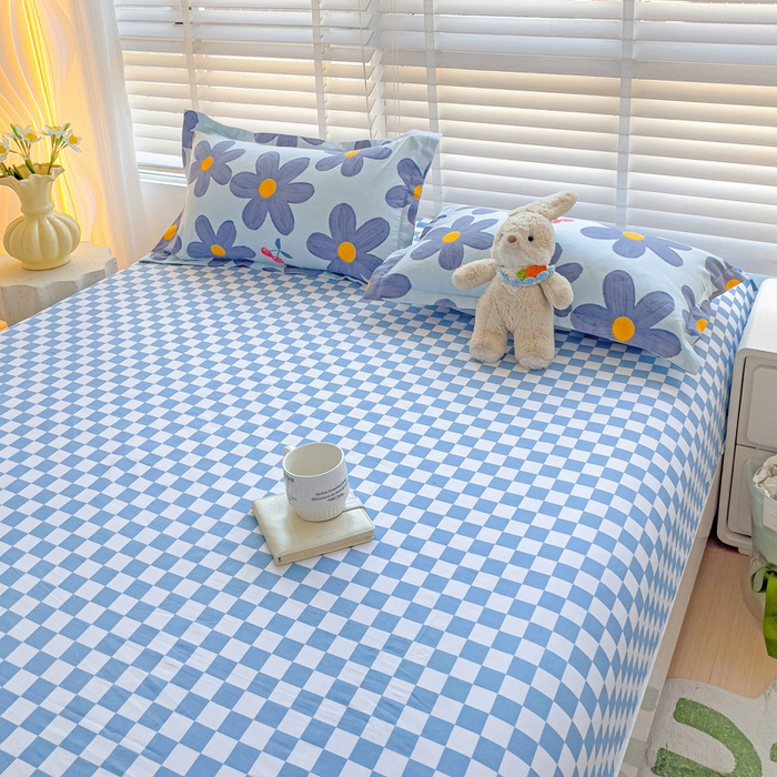 91家纺网 家纺一手货源 找家纺 文黛家居 2025新款时尚印花亲肤床笠单床笠 樱花-蓝格