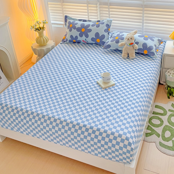 91家纺网 家纺一手货源 找家纺 文黛家居 2025新款时尚印花亲肤床笠单床笠 樱花-蓝格