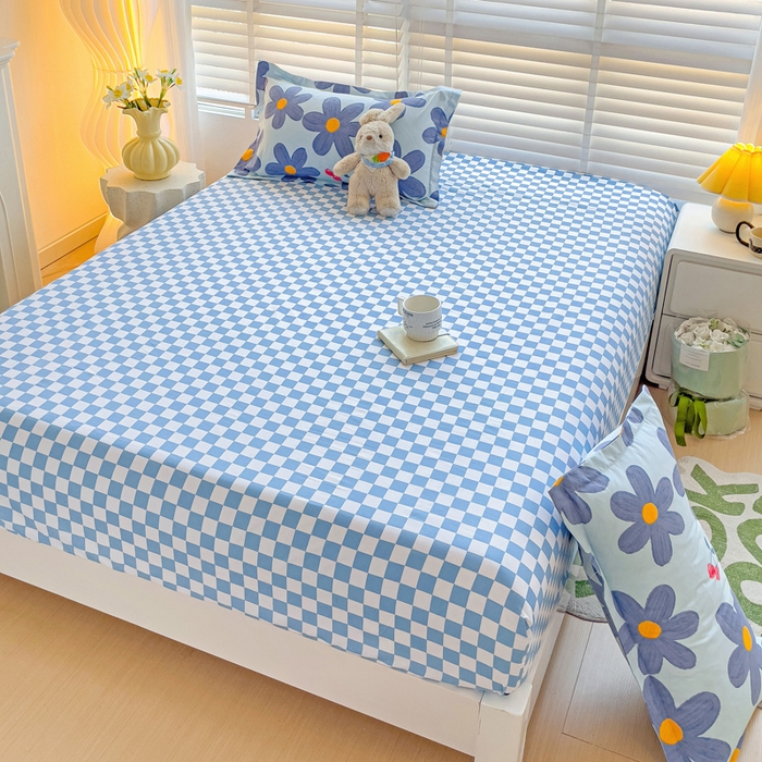 91家纺网 家纺一手货源 找家纺 文黛家居 2025新款时尚印花亲肤床笠单床笠 樱花-蓝格