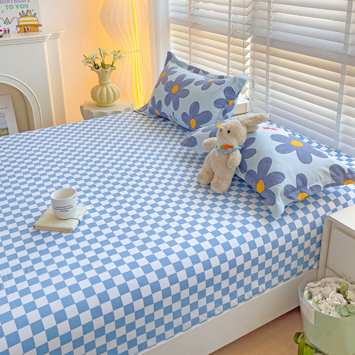 91家纺网 家纺一手货源 找家纺 文黛家居 2025新款时尚印花亲肤床笠单床笠 樱花-蓝格