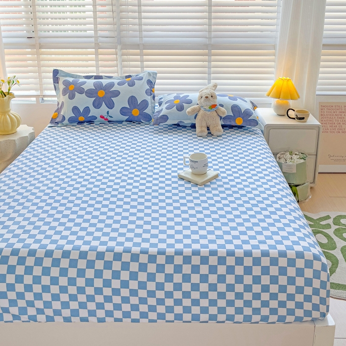 91家纺网 家纺一手货源 找家纺 文黛家居 2025新款时尚印花亲肤床笠单床笠 樱花-蓝格