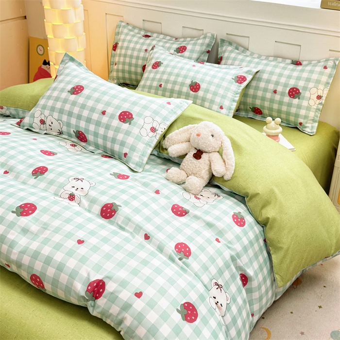 91家纺网 家纺一手货源 找家纺 佑泽家纺 2025活性印花芦荟棉四件套 格子熊-绿