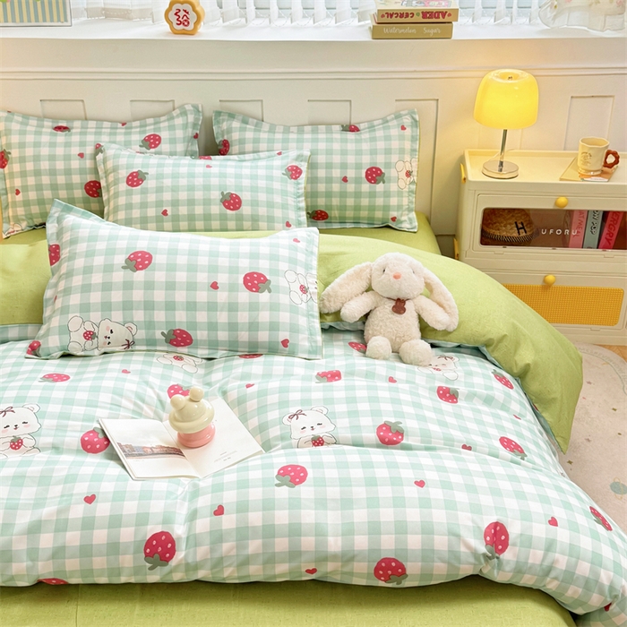 91家纺网 家纺一手货源 找家纺 佑泽家纺 2025活性印花芦荟棉四件套 格子熊-绿