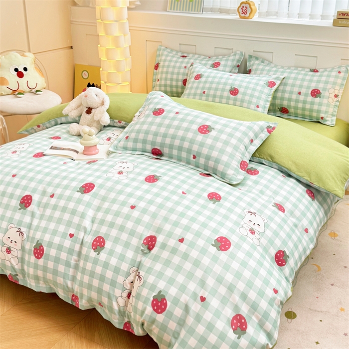 91家纺网 家纺一手货源 找家纺 佑泽家纺 2025活性印花芦荟棉四件套 格子熊-绿