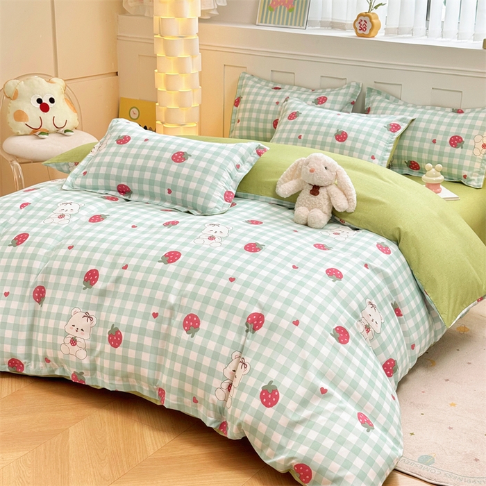 91家纺网 家纺一手货源 找家纺 佑泽家纺 2025活性印花芦荟棉四件套 格子熊-绿