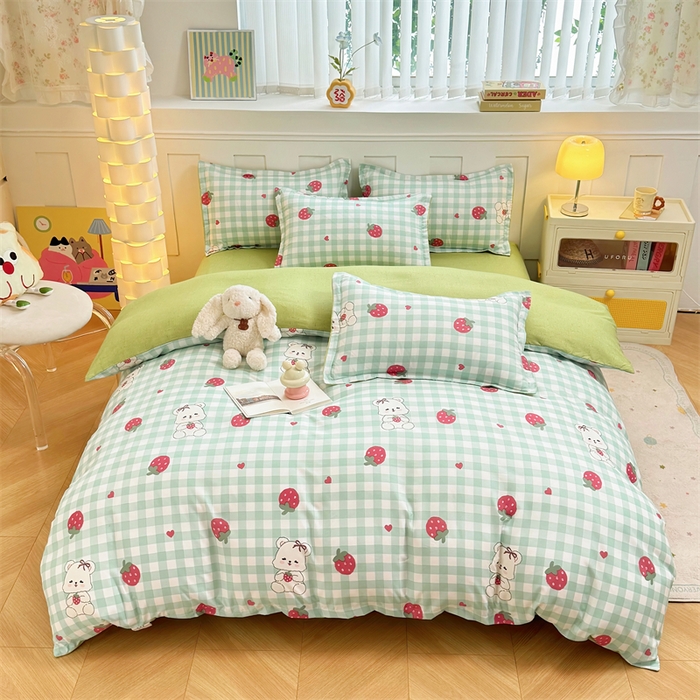 佑泽家纺 2025活性印花芦荟棉四件套 格子熊-绿