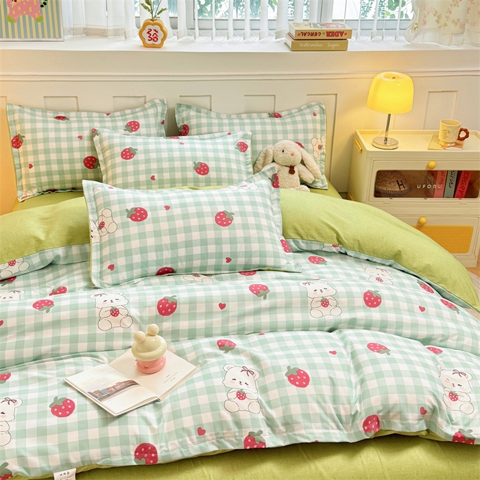 91家纺网 家纺一手货源 找家纺 佑泽家纺 2025活性印花芦荟棉四件套 格子熊-绿