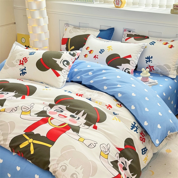 91家纺网 家纺一手货源 找家纺 佑泽家纺 2025活性印花芦荟棉四件套 萌趣灵童