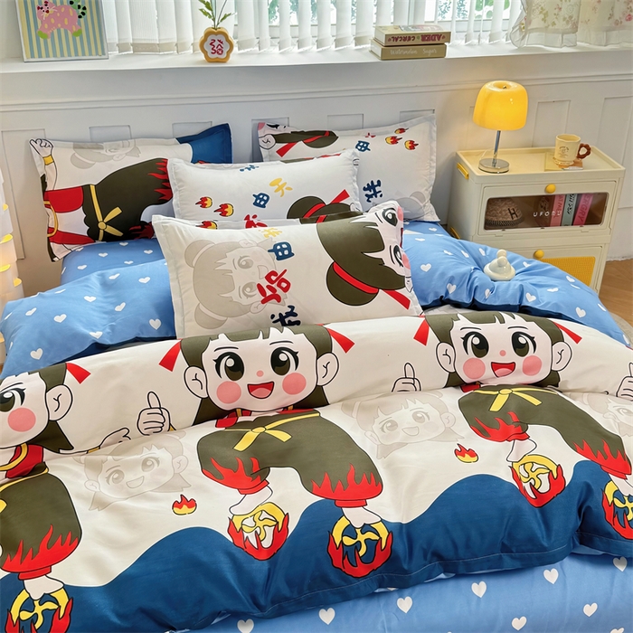 91家纺网 家纺一手货源 找家纺 佑泽家纺 2025活性印花芦荟棉四件套 萌趣灵童