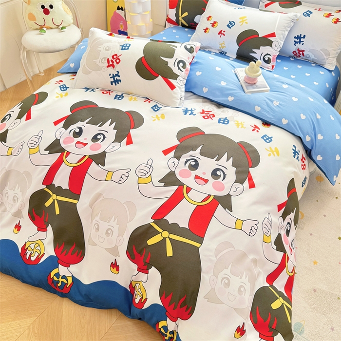 91家纺网 家纺一手货源 找家纺 佑泽家纺 2025活性印花芦荟棉四件套 萌趣灵童