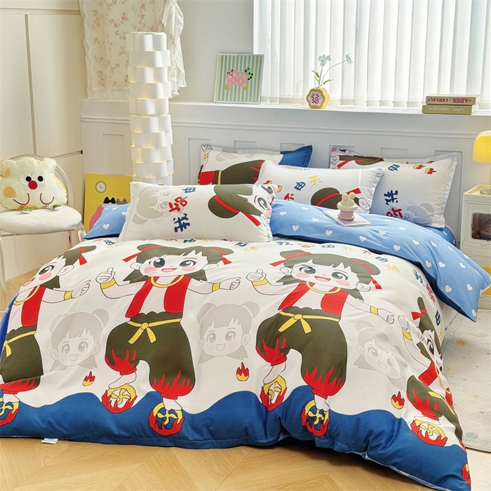 91家纺网 家纺一手货源 找家纺 佑泽家纺 2025活性印花芦荟棉四件套 萌趣灵童