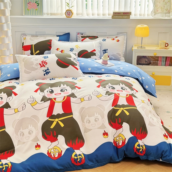 91家纺网 家纺一手货源 找家纺 佑泽家纺 2025活性印花芦荟棉四件套 萌趣灵童