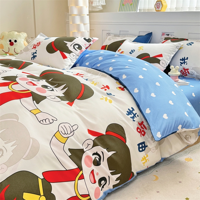 91家纺网 家纺一手货源 找家纺 佑泽家纺 2025活性印花芦荟棉四件套 萌趣灵童