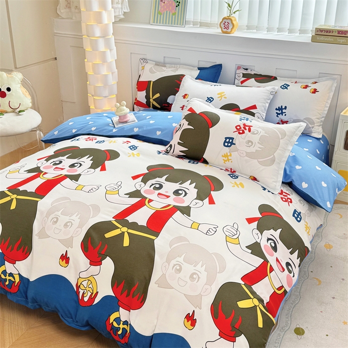 91家纺网 家纺一手货源 找家纺 佑泽家纺 2025活性印花芦荟棉四件套 萌趣灵童