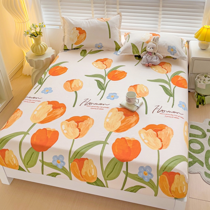 91家纺网 家纺一手货源 找家纺 文黛家居 2025新款时尚印花亲肤床笠单床笠 郁金香-绿