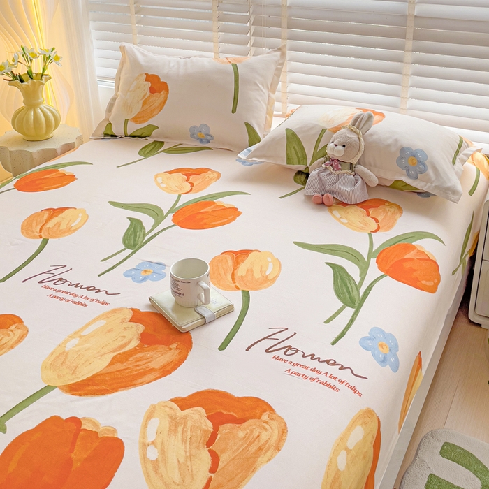 91家纺网 家纺一手货源 找家纺 文黛家居 2025新款时尚印花亲肤床笠单床笠 郁金香-绿