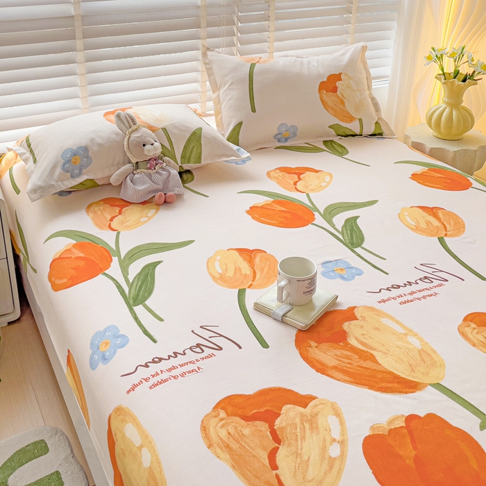 91家纺网 家纺一手货源 找家纺 文黛家居 2025新款时尚印花亲肤床笠单床笠 郁金香-绿