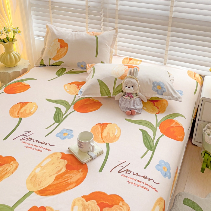 91家纺网 家纺一手货源 找家纺 文黛家居 2025新款时尚印花亲肤床笠单床笠 郁金香-绿